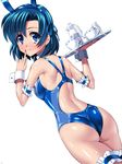  animal_ears arm_garter ass back bare_shoulders bishoujo_senshi_sailor_moon blue_eyes blue_hair blue_swimsuit breasts bunny_ears bunny_girl competition_swimsuit creamer_(vessel) cup detached_collar earrings fake_animal_ears finger_to_face flat_ass hair_ribbon jewelry leg_garter looking_back medium_breasts mizuno_ami nail_polish one-piece_swimsuit ribbon sen_(sansui) shiny shiny_clothes shiny_hair shiny_skin short_hair solo swimsuit teacup tray wedgie wrist_cuffs 