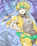  abs belt blonde_hair choker city dio_brando earrings fingers fog foreshortening geromonja_teitoku heart jacket jewelry jojo_no_kimyou_na_bouken long_hair looking_to_the_side male_focus muscle night open_clothes open_jacket outstretched_hand pants red_eyes solo spiked_hair wavy_hair yellow_pants 