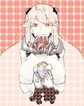  al_bhed_eyes body_horror breasts commentary_request english fangs food geromonja_teitoku hamburger holding holding_food horns kantai_collection large_breasts lettuce long_fangs long_hair looking_down midway_hime monster_girl orange_eyes plaid plaid_background robe saliva shinkaisei-kan solo teeth throat_mouth tongue tongue_out unmoving_pattern upper_body white_hair white_robe wrapper 