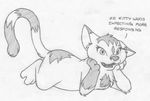  accent annoyed anthro cat cute_fangs dialogue english_text feline female greyscale leaning_on_elbow lying mammal mizzyam monochrome nude on_front pencil_(artwork) raised_tail sophie_felis talking_to_viewer text traditional_media_(artwork) 
