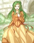  ^_^ ^o^ blush circlet closed_eyes dress earrings elincia_ridell_crimea fire_emblem fire_emblem:_souen_no_kiseki green_hair jewelry long_hair long_sleeves lowres mena_(suzunoki) orange_dress solo 