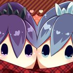  blue_eyes blue_hair chibi fubukihime heart high_ponytail highres hyakkihime long_hair multiple_girls no_mouth plaid purple_eyes purple_hair sakumado youkai youkai_watch 