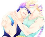  arm_around_neck blonde_hair caesar_anthonio_zeppeli closed_eyes facial_mark headband holding_hand jojo_no_kimyou_na_bouken joseph_joestar_(young) male_focus multiple_boys muscle open_mouth purple_hair s_gentian smile tank_top winged_hair_ornament 