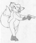 aiming anthro barefoot barely_visible_genitalia canine digitigrade english_text female fluffy_tail fox front_view greyscale gun handgun holding_object holding_weapon mammal mizzyam monochrome nude one_eye_closed pencil_(artwork) pistol pussy ranged_weapon sierra_vix solo standing text traditional_media_(artwork) weapon 