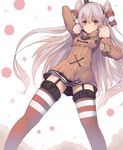  absurdres amatsukaze_(kantai_collection) arm_up black_hat black_skirt blush brown_coat brown_eyes buttons coat dyson_(edaokunnsaikouya) from_below fur_trim garter_straps hair_between_eyes hair_tubes hairband hat highres hood hooded_jacket jacket kantai_collection leg_garter long_hair long_sleeves looking_at_viewer md5_mismatch mini_hat miniskirt red_legwear silver_hair simple_background skirt solo standing striped striped_legwear thighhighs two_side_up very_long_hair white_background winter_clothes winter_coat zettai_ryouiki 