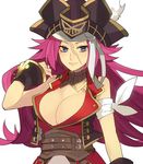  blue_eyes breasts cleavage corset fate/extra fate_(series) francis_drake_(fate) hat large_breasts long_hair looking_at_viewer pink_hair pirate pirate_hat sanae_(satansanae) scar simple_background smile solo white_background 