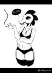  2018 4_fingers ankh anthro bea_(nitw) black_and_white bra breasts cigarette clothed clothing crocodilian dialogue english_text eyelashes female garter_straps half-closed_eyes legwear midriff monochrome navel night_in_the_woods non-mammal_breasts pinup pose reptile scales scalie sem-l-grim sharp_teeth smoke solo speech_bubble standing stockings teeth text underwear 