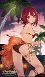  :o anklet ass atelier_(series) atelier_sophie barefoot bikini jewelry logo looking_at_viewer looking_back noco_(adamas) official_art palm_tree red_eyes red_hair sarong short_hair side-tie_bikini solo sophie_neuenmuller strap_pull swimsuit tree 