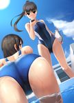  ass bangs bent_over black_hair blunt_bangs blush brown_eyes commentary_request competition_swimsuit eto eyebrows_visible_through_hair highres long_hair looking_back md5_mismatch multiple_girls one-piece_swimsuit original ponytail revision smile stopwatch swimsuit watch wet 