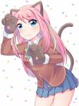  :3 animal_ears cat_ears cat_tail commentary_request gloves hashimoto_nyaa miso_(mimimiso) multicolored_hair osomatsu-san paw_gloves paws pink_hair school_uniform skirt smile solo streaked_hair tail 