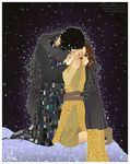  1girl bad_end closed_eyes couple defeat fine_art_parody good_end gustav_klimt_(style) hand_on_another's_face hetero highres jedi kiss kneeling kylo_ren parody rey_(star_wars) science_fiction signature sith snow star_wars star_wars:_the_force_awakens starkiller_base the_kiss verauko 