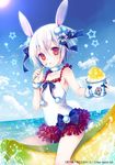  :o animal_ears banana_boat bunny_ears choker collarbone commentary_request flat_chest hair_ornament hair_ribbon looking_at_viewer namanie ocean original pom_pom_(clothes) red_eyes ribbon shaved_ice short_hair silver_hair skirt sleeveless solo star tenka_touitsu_chronicle 