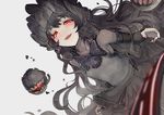  black_dress black_hair blush bow breasts commentary_request dress gothic_lolita half-closed_eyes hat isolated_island_oni kantai_collection lolita_fashion long_hair looking_at_viewer open_mouth red_eyes shinkaisei-kan small_breasts solo very_long_hair walzrj 