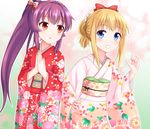  blonde_hair blue_eyes blush bow faubynet grin hair_bow hair_ornament hair_up hand_on_hip highres japanese_clothes kimono long_hair looking_at_another looking_at_viewer md5_mismatch multiple_girls new_year pointing pointing_at_self ponytail purple_hair red_eyes short_hair smile sugiura_ayano toshinou_kyouko yuru_yuri 