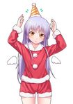  angel_beats! chobipero christmas commentary_request hat jpeg_artifacts long_hair looking_at_viewer party_hat purple_hair santa_costume silver_hair simple_background smile solo tenshi_(angel_beats!) white_background wings yellow_eyes 