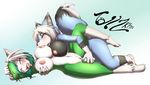  2015 anthro areola big_breasts black_fur blue_background blue_eyes blue_fur blush breast_fondling breast_suck breasts canine claws drooling duo eyes_closed female female/female fondling fox fur green_fur green_hair hair half-closed_eyes hand_on_breast huge_breasts lying mammal multicolored_fur multicolored_hair navel nipples nude on_back open_mouth penetration pussy pussy_juice raised_leg saliva sex_toy simple_background sucking tailzkim teeth toe_claws tongue_ut two_tone_hair vaginal vaginal_penetration white_fur white_hair wolf 