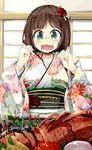  blush brown_hair fang food green_eyes idolmaster idolmaster_cinderella_girls japanese_clothes kimono maekawa_miku open_mouth osechi rakkogawa_rinro sashimi short_hair solo 