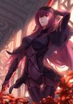  arched_back bodysuit fate/grand_order fate_(series) flower indoors jacky5493 long_hair looking_to_the_side navel pale_skin parted_lips polearm purple_bodysuit purple_hair red_eyes scathach_(fate)_(all) scathach_(fate/grand_order) see-through skin_tight solo spear weapon 
