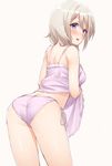  aoyama_blue_mountain ass bare_shoulders dress dress_lift from_behind gochuumon_wa_usagi_desu_ka? highres lace lace-trimmed_panties leaning_forward looking_back mikazuchi_zeus panties purple_dress purple_eyes purple_panties side-tie_panties silver_hair simple_background solo underwear underwear_only 