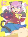  bad_id bad_pixiv_id commentary_request fangs gloves hashimoto_nyaa heart highres hyaku long_hair multicolored_hair osomatsu-san paw_gloves paws pink_hair simple_background smile solo streaked_hair yellow_background 