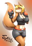  2015 anthro big_breasts blonde_hair boxing_gloves bra breasts brown_fur camel_toe canine cleavage clothed clothing english_text female fox fur hair huge_breasts mammal navel nipple_bulge orange_eyes raised_tail red_background shorts signature simple_background smile tailzkim teeth text underwear white_background white_fur wide_hips 