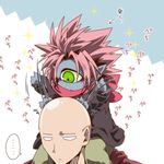  0nodera 2boys afterimage alien annoyed bald blank_eyes blue_skin blush carrying carrying_over_shoulder child coat cyclops directional_arrow green_eyes hitting long_sleeves lord_boros male_focus motion_lines multiple_boys one-eyed one-punch_man pants pink_hair pink_scarf pointy_ears saitama_(one-punch_man) scarf shoulder_carry sparkle speech_bubble spiked_hair spoken_ellipsis younger 