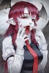  artist_name bangs bat_wings black_vest black_wings breasts breath bright_pupils demon_girl dress_shirt eyelashes fangs finger_to_mouth head_tilt head_wings highres juliet_sleeves koakuma long_hair long_sleeves looking_at_viewer medium_breasts nail_polish necktie open_mouth pale_skin pointy_ears puffy_sleeves red_eyes red_hair red_nails red_neckwear ringed_eyes saliva shirt signature sleeves_folded_up solo succubus teeth tongue tongue_out touhou upper_body vest white_pupils white_shirt wings wy_lee_(pixelnoodle) 