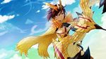  armor bow_(weapon) brown_hair cloud day gloves monster_hunter monster_hunter_4 seregios_(armor) short_hair sky solo weapon wings yellow_eyes yurax-mae 