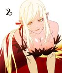  all_fours bare_shoulders blonde_hair breasts cleavage countdown elbow_gloves gloves hair_ribbon kiss-shot_acerola-orion_heart-under-blade kizumonogatari large_breasts long_hair looking_at_viewer monogatari_(series) pointy_ears ribbon smile solo very_long_hair yellow_eyes 