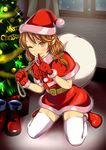  ;) absurdres ankle_boots bauble belt blush bobblehat boots boots_removed brown_hair capelet carrying_over_shoulder christmas_tree finger_to_mouth fir_tree full_body fur_trim girlfriend_(kari) glint gloves hat highres kneeling looking_at_viewer merry_christmas one_eye_closed open_window orange_eyes over_shoulder plant pointing pointing_at_viewer pom_pom_(clothes) pot potted_plant red_footwear red_gloves red_hat red_ribbon ribbon sack santa_boots santa_costume santa_gloves santa_hat shushing smile solo sparkle star tamai_remi thighhighs tinsel tree uuukuuu white_legwear window zettai_ryouiki 