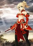  bandeau blonde_hair braid breasts clarent detached_collar detached_sleeves eyebrows_visible_through_hair fate/apocrypha fate/grand_order fate_(series) green_eyes holding holding_sword holding_weapon konoe_ototsugu long_hair mordred_(fate) mordred_(fate)_(all) navel no_panties official_art ponytail resized scrunchie small_breasts smile solo sword thighhighs upscaled waifu2x weapon 