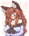  animal_ears bare_shoulders blush breasts brooch brown_hair cleavage collarbone covered_nipples dress fang faux_traditional_media highres imaizumi_kagerou jewelry large_breasts long_hair long_sleeves pink_background red_eyes simple_background solo tareme tears touhou trembling upper_body wavy_mouth wolf_ears ziogon 