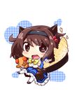  blush bow bowtie breasts brown_eyes brown_hair chibi child draph dress food fried_rice frying_pan granblue_fantasy heart horns looking_at_viewer oppai_loli pouch reku shoes short_hair simple_background solo stuffed_animal stuffed_toy white_background white_legwear yaia_(granblue_fantasy) 