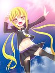  bad_id bad_pixiv_id blonde_hair highres kantai_collection long_hair long_sleeves midriff okuri_banto satsuki_(kantai_collection) school_uniform serafuku solo thighhighs twintails yellow_eyes 