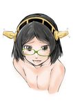  :p black_eyes black_hair breasts collarbone glasses green-framed_eyewear headgear highres kantai_collection kirishima_(kantai_collection) medium_breasts no_nipples nude otakeyan short_hair solo tongue tongue_out upper_body 