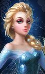  blonde_hair blue_eyes braid earrings elsa_(frozen) eyeshadow frozen_(disney) hair_ornament hair_over_shoulder jewelry kutanyun lipstick long_hair makeup signature single_braid snowflake_hair_ornament snowflakes solo 