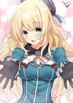  aqua_eyes atago_(kantai_collection) black_gloves blush breasts dated gloves hat incoming_hug kantai_collection large_breasts long_hair long_sleeves looking_at_viewer military military_uniform open_mouth outstretched_arms smile solo uniform upper_body very_long_hair yappen 