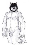  5_fingers baraking belly_fluff black_hair canine dog flaccid hair humanoid_penis line_art male mammal nipples partially_retracted_foreskin penis simple_background solo standing traditional_media_(artwork) uncut 