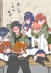  6+girls :t akatsuki_(kantai_collection) anchor_symbol bangs black_hair blue_eyes blunt_bangs blush braid brown_eyes brown_hair chin_rest closed_eyes commentary_request flat_cap folded_ponytail hair_ornament hairclip hand_on_another's_head harem hat hibiki_(kantai_collection) hiromochi_jin hug hug_from_behind ikazuchi_(kantai_collection) inazuma_(kantai_collection) kantai_collection kitakami_(kantai_collection) lap_pillow little_boy_admiral_(kantai_collection) long_hair military military_uniform multiple_girls naval_uniform one_eye_closed ooi_(kantai_collection) purple_eyes purple_hair school_uniform serafuku short_hair silver_hair skirt sleeping smile translation_request uniform zzz 