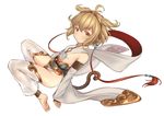 ahoge andira_(granblue_fantasy) animal_ears bare_shoulders barefoot blonde_hair breasts colored_eyelashes detached_leggings detached_sleeves erune feet granblue_fantasy hairband looking_at_viewer monkey_ears monkey_tail pants piano-alice red_eyes short_hair sideboob sitting small_breasts soles solo tail tareme toes white_pants 
