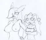  2015 anthro anthrofied banette big_breasts breasts clothed clothing duo ear_piercing fan_character genevieve gengar hair hand_on_hip latiar long_hair low_res minoir monochrome nintendo nipples nude open_mouth piercing pok&eacute;mon pok&eacute;morph simple_background sketch traditional_media_(artwork) video_games white_background 