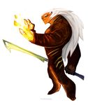  anthro fire fur hair male mune:_the_guardian_of_the_moon muscular scar silvermender simple_background sohone solo unknown_species weapon white_background white_hair yellow_eyes 