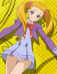  blonde_hair crotch_seam dress haruyama_kazunori kasugano_urara_(yes!_precure_5) l'ecole_des_cinq_lumieres_school_uniform long_hair panties precure school_uniform smile solo twintails underwear white_panties yellow_background yellow_eyes yes!_precure_5 