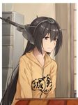  alternate_costume black_hair casual commentary_request enosan headgear hood hoodie indoors jacket kantai_collection kotatsu long_hair md5_mismatch nagato_(kantai_collection) red_eyes solo table wavy_mouth yellow_jacket 