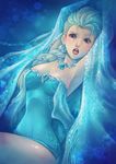  :o bare_shoulders blonde_hair blue_eyes blush braid breasts cape cleavage dark_pursuer dress earrings elsa_(frozen) frozen_(disney) hair_over_shoulder highres jewelry lipstick long_hair makeup medium_breasts necklace single_braid snowflakes solo strapless strapless_dress 