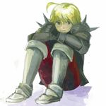  ahoge armor blonde_hair boots brown_eyes expressionless final_fantasy final_fantasy_tactics full_body gauntlets hair_between_eyes knee_boots knees_to_chest looking_at_viewer male_focus pants ramza_beoulve red_pants shoulder_pads shoulder_spikes simple_background solo spikes suku_(downy) white_background 