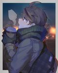  ahoge akira_hou bad_id bad_pixiv_id bag blush breath brown_hair coffee_cup cup disposable_cup gloves hair_between_eyes jacket looking_away male_focus messenger_bag open_mouth orange_eyes original profile scarf shoulder_bag solo steam winter_clothes 