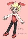 animal_ears bad_id bad_twitter_id bare_shoulders black_legwear blonde_hair bow bowtie bunny_ears bunnysuit collar fang full_body heart highres inactive_account miter name_tag open_mouth original pantyhose rami_(miter) red_eyes simple_background sketch solo standing translation_request wrist_cuffs 