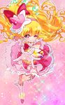  absurdres asahina_mirai blonde_hair boots bow cure_miracle full_body gloves hair_bow hairband hat highres knee_boots long_hair looking_at_viewer magical_girl mahou_girls_precure! mini_hat mini_witch_hat one_eye_closed outstretched_hand pink_background pink_hat pink_skirt precure purple_eyes red_bow skirt smile solo sparkle white_footwear white_gloves witch_hat yupiteru 