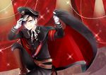  alternate_costume black_hair boots cape curtains earrings gloves grin hat jewelry knee_boots l-wing male_focus military military_uniform necktie one_knee peaked_cap purple_eyes smile solo sparkle touken_ranbu uniform white_gloves yagen_toushirou 